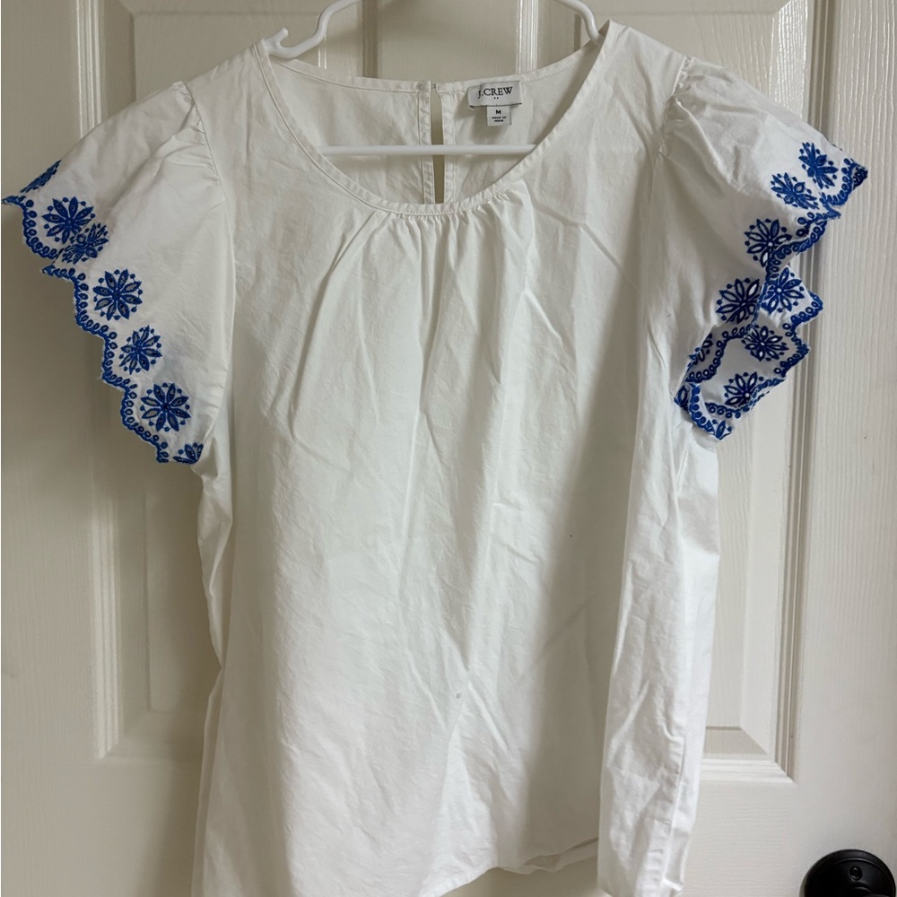 White Top with Blue Embroidery by J. Crew